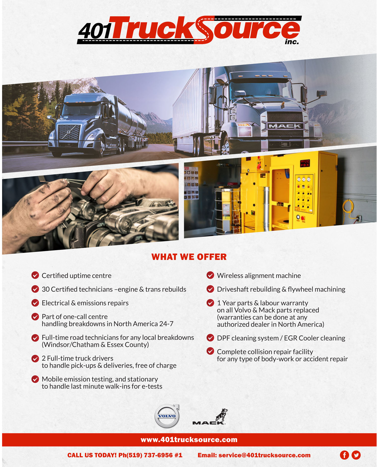 Flyer design showing a Mack and Volvo Truck along with an engine and DPF Cleaning Machine, and a list of the services offered at 401 Trucksource